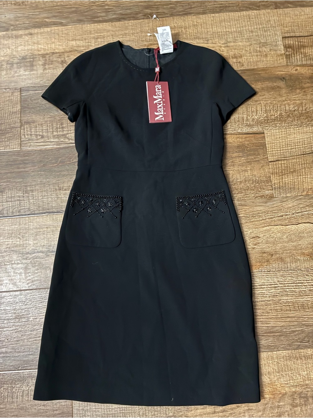 MaxMara Black Short-Sleeve Sheath Dress with Beaded Pocket Detail